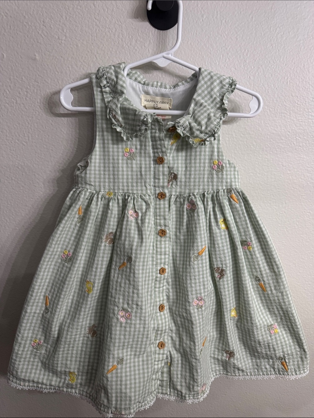 Happily Grey Girls' Green Gingham Embroidered Dress